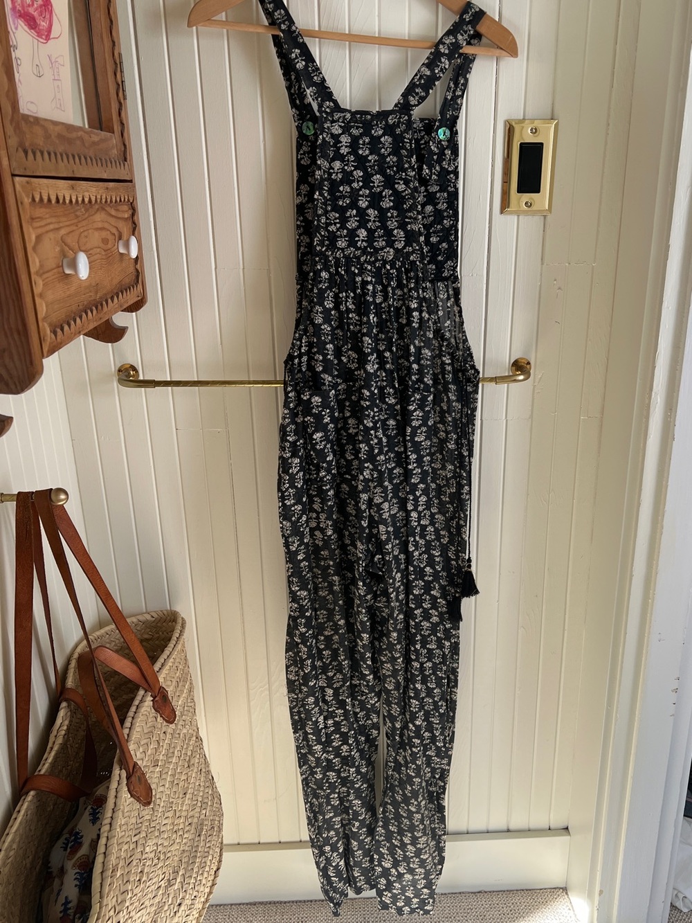 Doen Black Floral Shaanti Block-Print Overalls Jumpsuit | Small - Picture 5 of 15